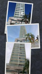 três fotografias de um edifício alto com uma palmeira em Apartamento Cidade Ocian - Praia Grande - Edifício Van Gogh - Alto padrão 94mts - 2 Suítes na Praia Grande