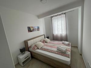 a bedroom with a large bed with a window at Apartman Zivkovic in Veliko Gradište