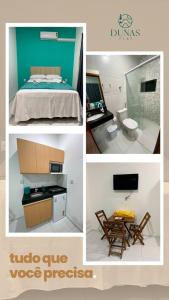 een collage van vier foto's van een hotelkamer bij Dunas Flat in Galinhos