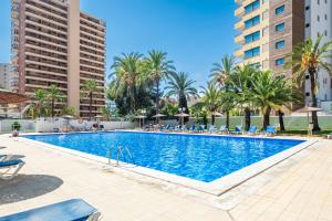 een groot zwembad met palmbomen en gebouwen bij Versalles 732 Apartment Levante-Rincon Loix Area in Benidorm