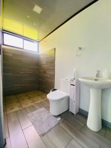 a bathroom with a sink and a toilet and a shower at El Rincón del León in Quesada