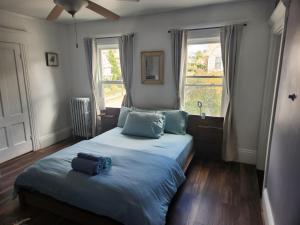 a bedroom with a large bed with blue pillows at Street side studio apartment in Manchester