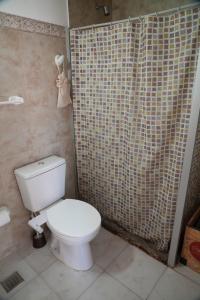 a bathroom with a toilet and a shower curtain at Casa container a 15km de Madryn in Puerto Madryn