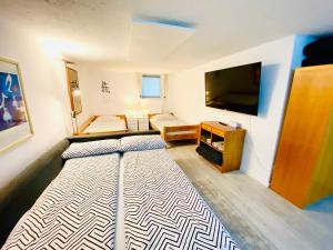 Habitación pequeña con cama y TV de pantalla plana. en Loft practico Comodidad y Funcionalidad cerca de Múnich en Germering