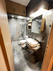 uma casa de banho com um WC, um lavatório e um chuveiro em Modern apartment in the heart of the city em Alexandroúpolis