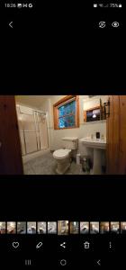 uma casa de banho com um WC, um lavatório e um chuveiro em Longford Holiday Blue Sky Self Catering Cottage 