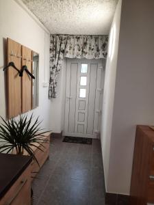 a hallway with a door and a plant at Studio Primani in Sečovlje