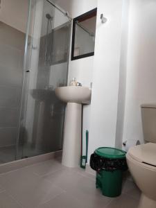 W łazience znajduje się umywalka, prysznic i toaleta. w obiekcie Cómodo estudio en la vía a termales w mieście Santa Rosa de Cabal
