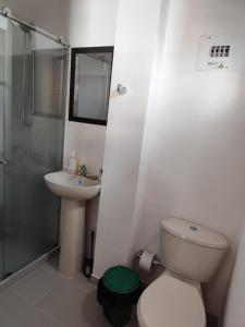 W łazience znajduje się toaleta, umywalka i prysznic. w obiekcie Cómodo estudio en la vía a termales w mieście Santa Rosa de Cabal