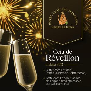 un flyer pour une fête avec deux verres de champagne dans l'établissement Hotel Leão da Montanha, à Campos do Jordão