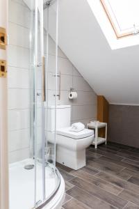 a bathroom with a toilet and a shower at Modern Apartments Near Cardiff City Centre in Cardiff