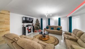 a living room with two couches and a christmas tree at Casa Mariteo Colibita in Colibiţa