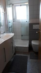 een badkamer met douche, wastafel en toilet bij Ferienwohnungen Liedtke in Behringen +22 foto's