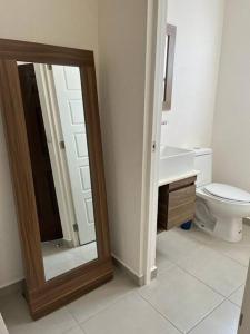 a bathroom with a toilet and a mirror at Acogedora casa in Querétaro