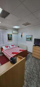 um quarto com uma cama grande e um cobertor vermelho e branco em Soba Kolovrat em Straža