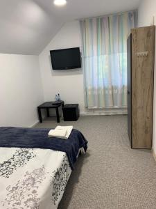 a bedroom with a bed and a flat screen tv at Vila Iulia in Trăisteni