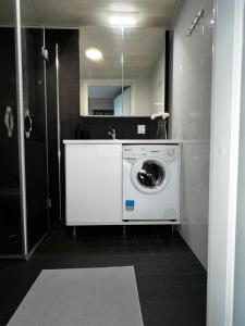 - un lave-linge dans la salle de bains pourvue d'un miroir dans l'établissement Penthouse Loft - Near the Airport, à Vantaa