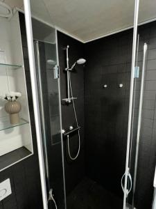 La salle de bains est pourvue d'une douche avec une porte en verre. dans l'établissement Penthouse Loft - Near the Airport, à Vantaa