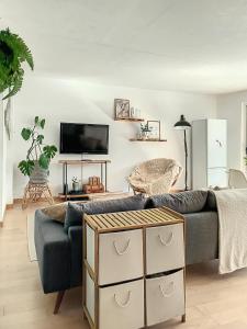 a living room with a couch and a tv at Superbe appartement avec Jardin in Villeneuve-Loubet