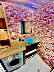 a bathroom with a brick wall and a sink at Charmant logement en bord de rivière et proche de la gare du Mans in Le Mans