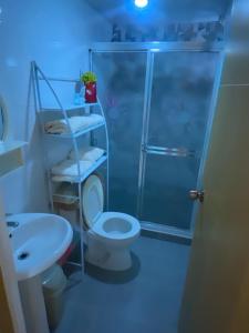a bathroom with a shower and a toilet and a sink at Hermoso residencial con piscina licey al medio in Licey al Medio