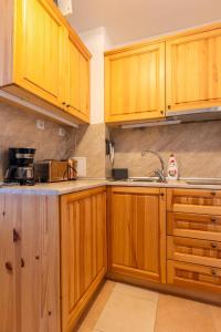 uma cozinha com armários de madeira e um lavatório em Fab studio in 5 min Gondola walk em Bansko