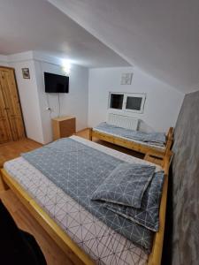 1 dormitorio con 2 camas y TV. en Cabana dintre munti, en Gureni