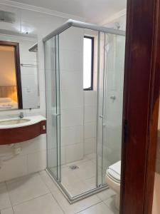 W łazience znajduje się prysznic, toaleta i umywalka. w obiekcie Aquarius Flat Studio 601 w mieście Santa Cruz do Sul
