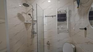 a bathroom with a glass shower with a toilet at Big studio apt.on Liberty Square in Tbilisi City