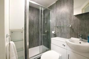 a bathroom with a shower and a toilet and a sink at 2 Bedroom Flat - Free Parking - Close to Beach in Portsmouth