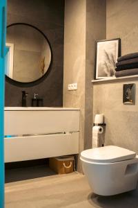 a bathroom with a white toilet and a mirror at Rest In Sanok Apartment in Sanok