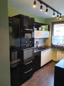 una cocina con electrodomésticos negros y una ventana en Przestronny apartament dla wielu osób - 4 sypialnie, en Gliwice