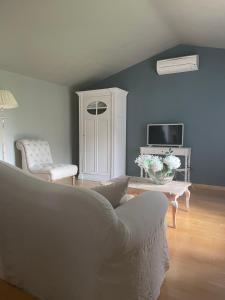 ein Wohnzimmer mit einem Sofa und einem TV in der Unterkunft Your house by the sea in Marina di Pietrasanta