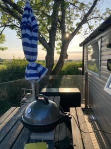 a grill and umbrella on a wooden table with a table at Lake District Solway View 16 The Beeches Caravan Park in Gilcrux
