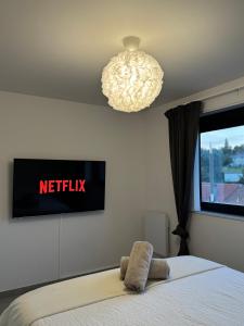 een slaapkamer met een bed, een televisie en een kroonluchter bij Liège Luxe & Jacuzzi sous les étoiles in Saint-Nicolas