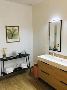 La salle de bains est pourvue d'un lavabo et d'un miroir. dans l'établissement Appartements Plantagenet - Le 33, au Mans