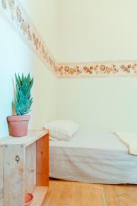 een kamer met een bed en een plant op een tafel bij DesArt in Tamraght Ouzdar