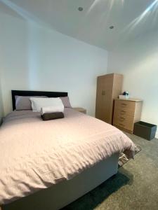 um quarto com uma cama grande e uma cómoda em Cosy house in Newham em Londres