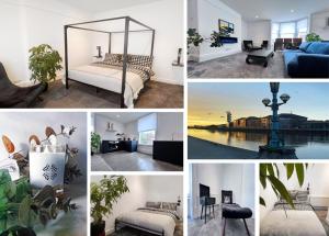 a collage of photos of a room with a bed and furniture at Perfectly located City Centre apartments in Exeter
