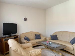 a living room with two couches and a tv at Apartman MARIJA in Bosanski Šamac