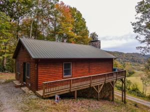 a log cabin in the woods with a porch at Songbird Cabin in Vilas