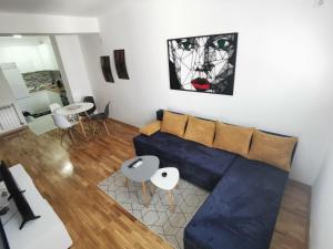 een woonkamer met een blauwe bank en een schilderij aan de muur bij Skopje DJS apartment in Skopje