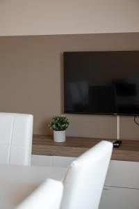un salon avec une télévision à écran plat et une plante dans l'établissement Affittacamere Bar Leo, à Pregnana Milanese
