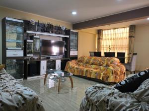 een woonkamer met een bank en een tv bij Encantadora habitación en Breña in Lima