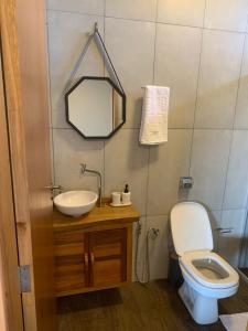 y baño con aseo, lavabo y espejo. en pousada solar da canastra en Delfinópolis