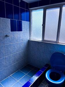 baño con aseo azul y azulejos azules en HOSTAL SAN MARCOS POTOSÍ, en Potosí