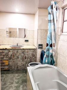 y baño con bañera, aseo y lavamanos. en HOSTAL SAN MARCOS POTOSÍ, en Potosí