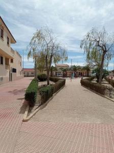 eine Straße mit zwei Bäumen auf einem Ziegelsteinweg in der Unterkunft Villa Rosario in San Fulgencio