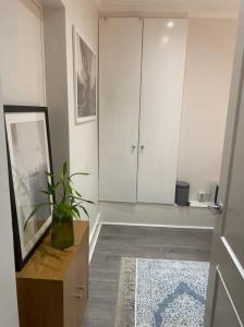 sala de estar con armarios blancos y alfombra en Central Private Double Bedroom in a 2bedroom Apartment, connected via underground, overground and many bus routes, en Londres