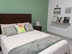 1 dormitorio con 1 cama grande y cabecero de madera en Estudio Biznaga, en San José del Cabo